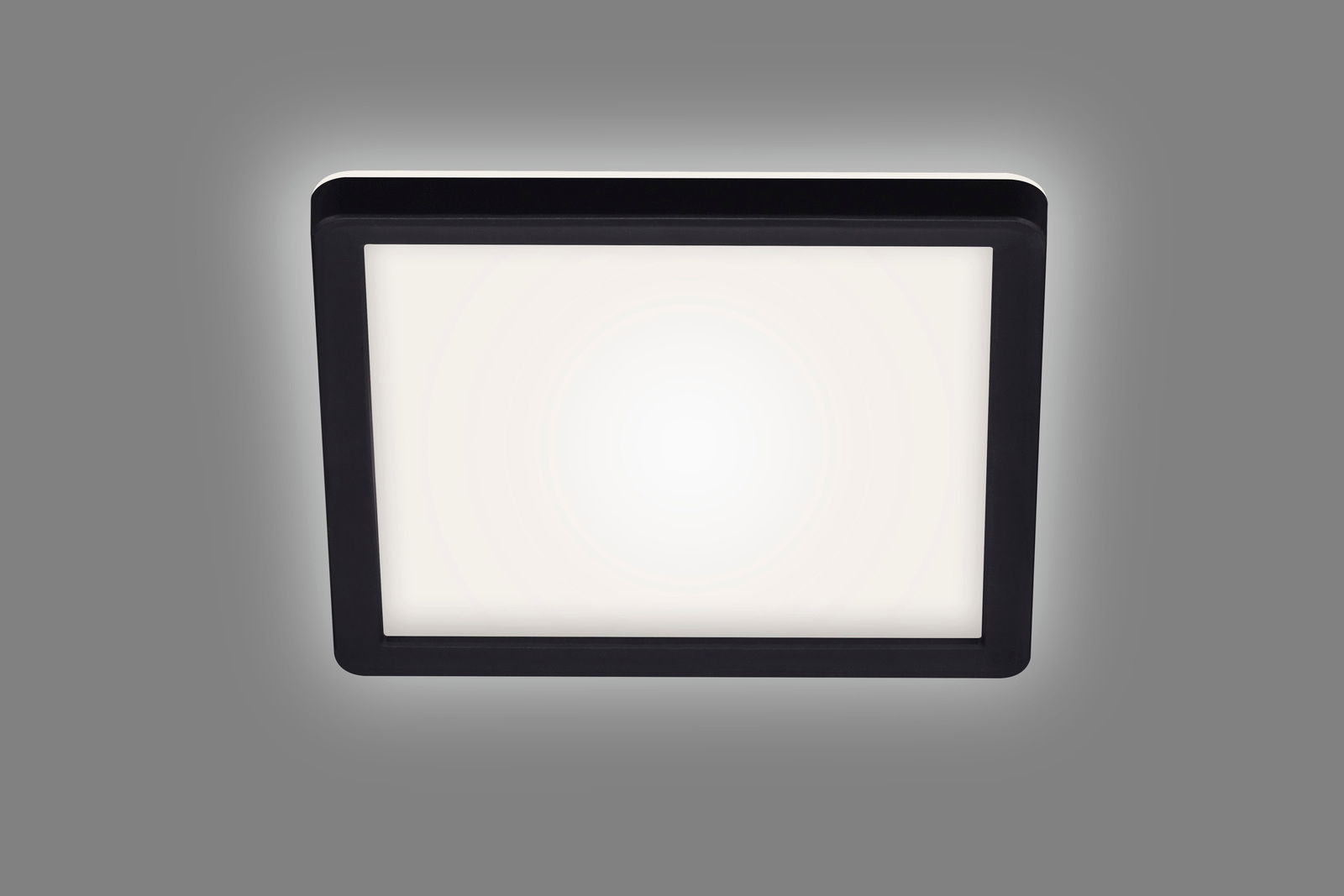 Quadratische LED-Deckenleuchte mit schwarzem Rahmen, Ansicht von unten