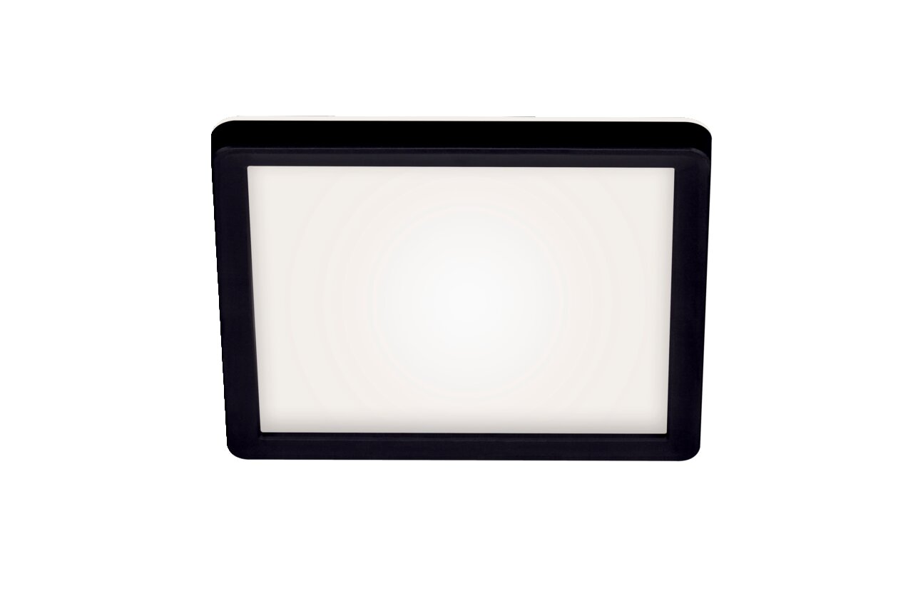Quadratische LED-Deckenleuchte mit schwarzem Rahmen, Ansicht von unten