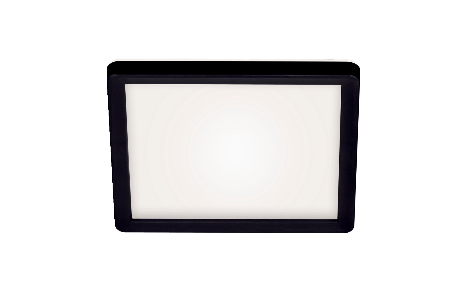 Quadratische LED-Deckenleuchte mit schwarzem Rahmen, Ansicht von unten