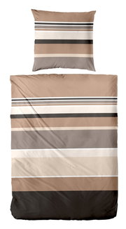 Gestreepte beddenset met kussensloop in beige-, taupe-, grijze, witte en zwarte tinten, van voren van bovenaf (bovenaanzicht) afgebeeld op een witte achtergrond