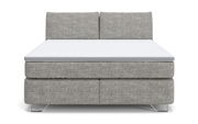 Frontale Ansicht eines grauen Boxspringbetts mit zwei Kopfstützen und Metallfüßen.