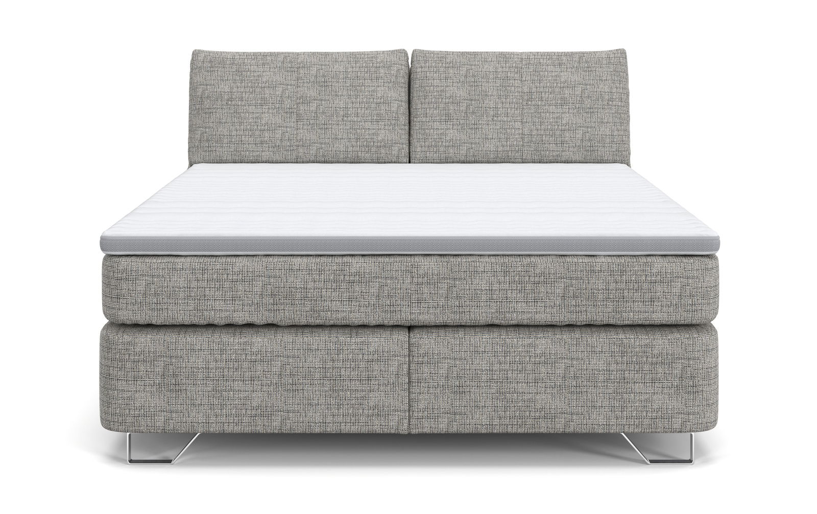 Frontale Ansicht eines grauen Boxspringbetts mit zwei Kopfstützen und Metallfüßen.