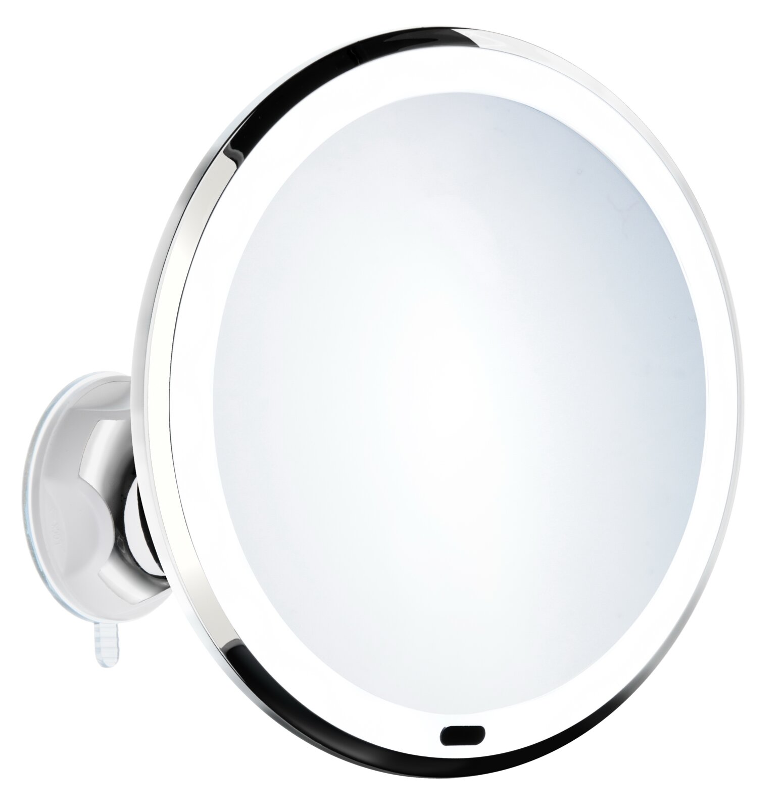 Close-up vanuit schuin vooraanzicht van een ronde LED-cosmeticaspiegel met verlichte rand, chromen frame en wandbevestiging