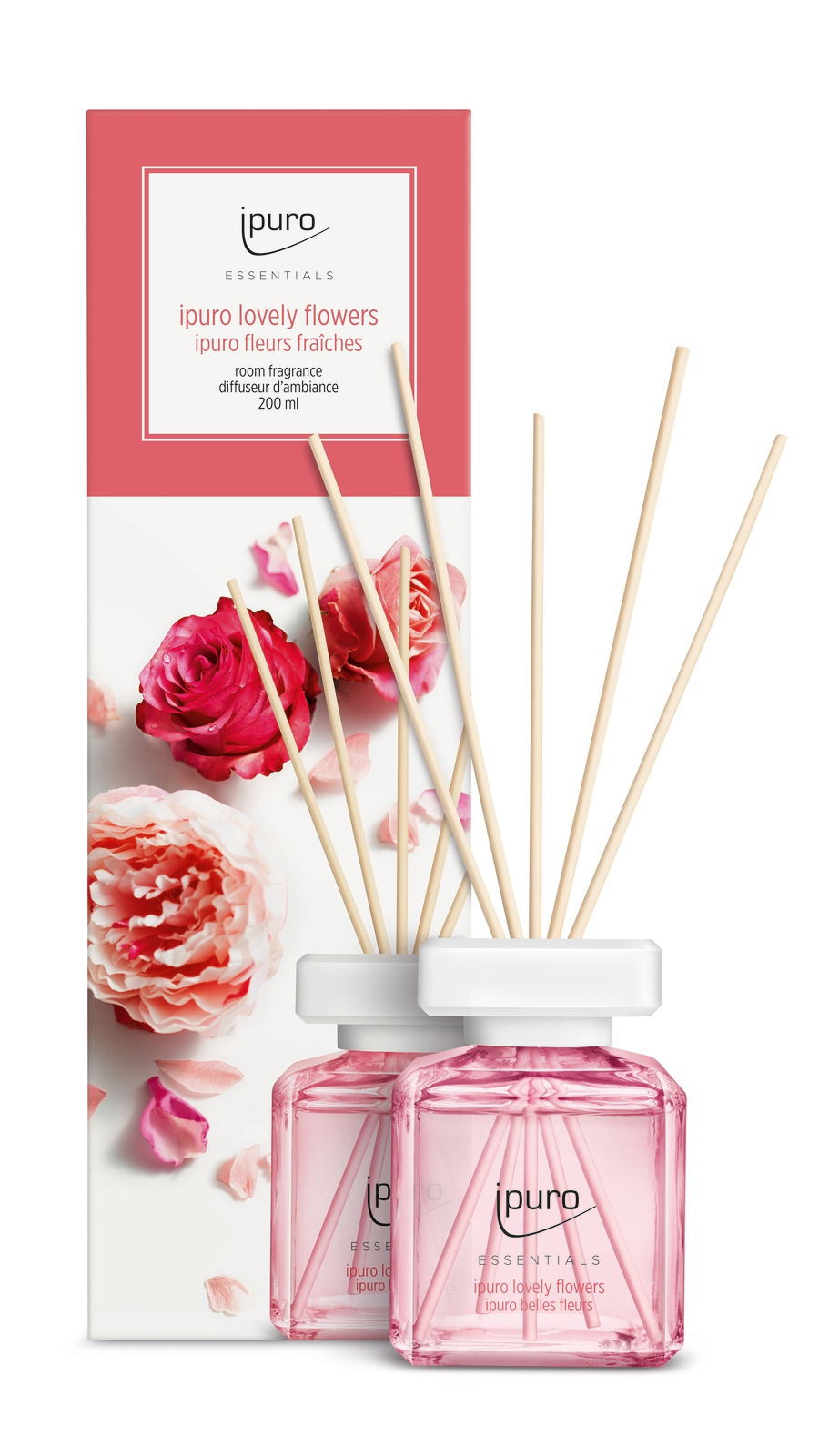 Raumduft Lovely Flowers von ipuro mit rosa Verpackung und Flakon, Vorderansicht