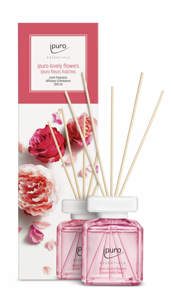 Raumduft Lovely Flowers von ipuro mit rosa Verpackung und Flakon, Vorderansicht