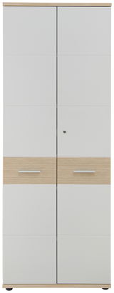 Hoher Aktenschrank mit zwei Türen, Holz- und Weißoptik, Frontalansicht