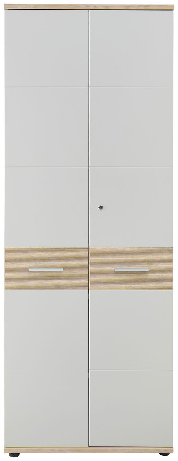 Hoher Aktenschrank mit zwei Türen, Holz- und Weißoptik, Frontalansicht