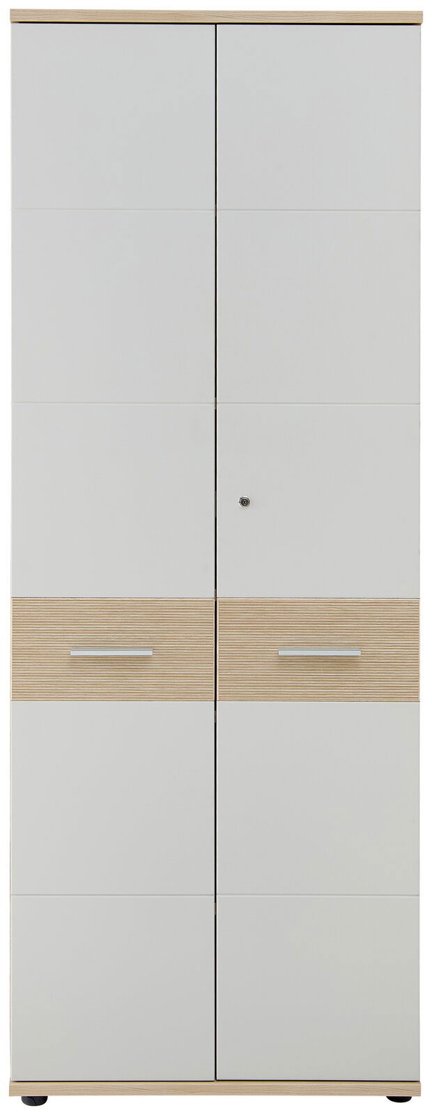 Hoher Aktenschrank mit zwei Türen, Holz- und Weißoptik, Frontalansicht