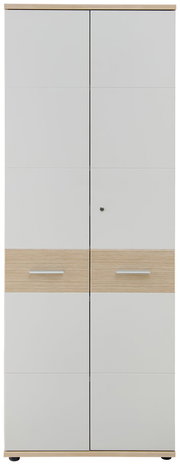 Hoher Aktenschrank mit zwei Türen, Holz- und Weißoptik, Frontalansicht