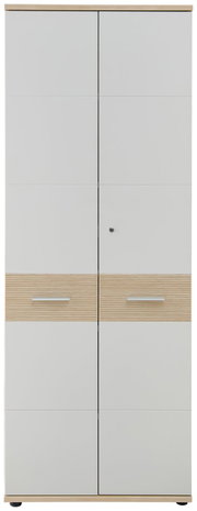 Hoher Aktenschrank mit zwei Türen, Holz- und Weißoptik, Frontalansicht