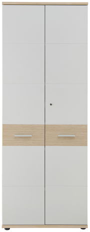 Hoher Aktenschrank mit zwei Türen, Holz- und Weißoptik, Frontalansicht
