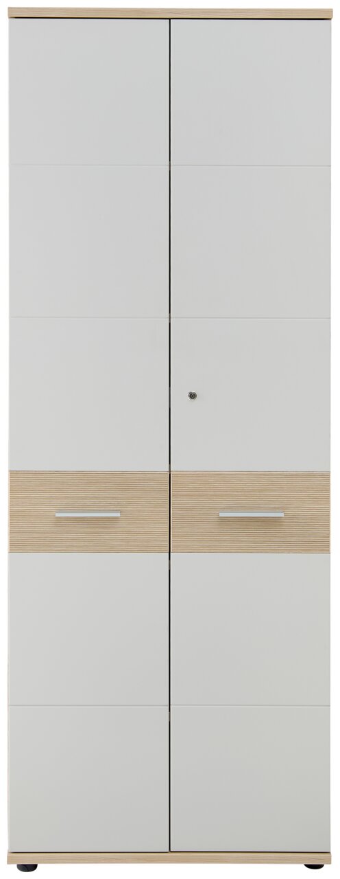 Hoher Aktenschrank mit zwei Türen, Holz- und Weißoptik, Frontalansicht
