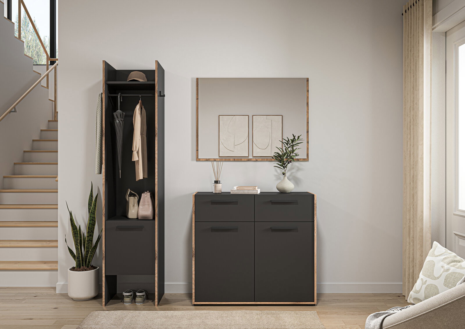 Modernes Flur-Set mit hohem Garderobenschrank und Sideboard in Mattschwarz mit Holzrahmen, darüber großer Wandspiegel; frontale Perspektive im hellen Eingangsbereich.
