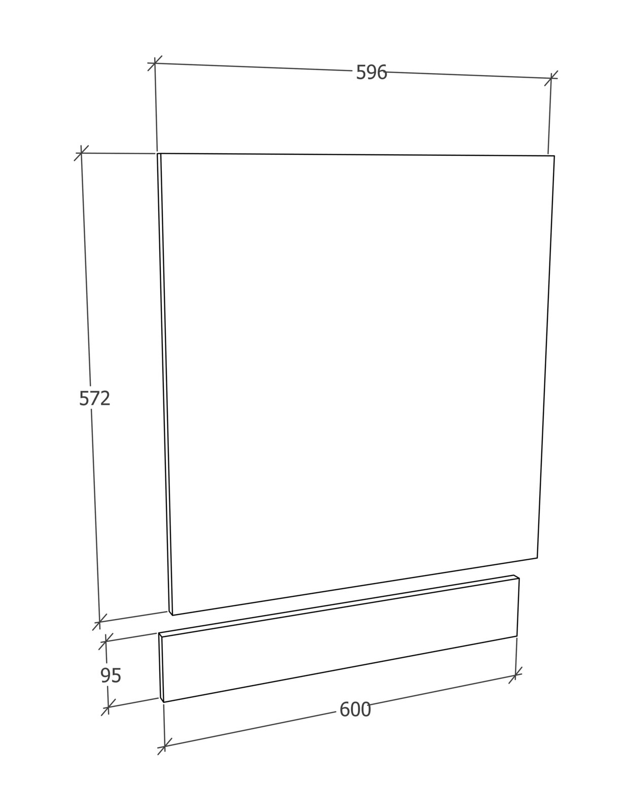 VCM Frontblende ESILO Technische Maßzeichnung eines rechteckigen Paneels mit separater Sockelleiste, Frontansicht in leichter Perspektive, Maße: Paneel ca. 596 × 572 mm, Leiste ca. 600 × 95 mm.