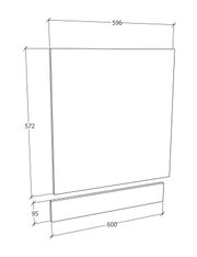 Technische Maßzeichnung eines rechteckigen Paneels mit separater Sockelleiste, Frontansicht in leichter Perspektive, Maße: Paneel ca. 596 × 572 mm, Leiste ca. 600 × 95 mm.