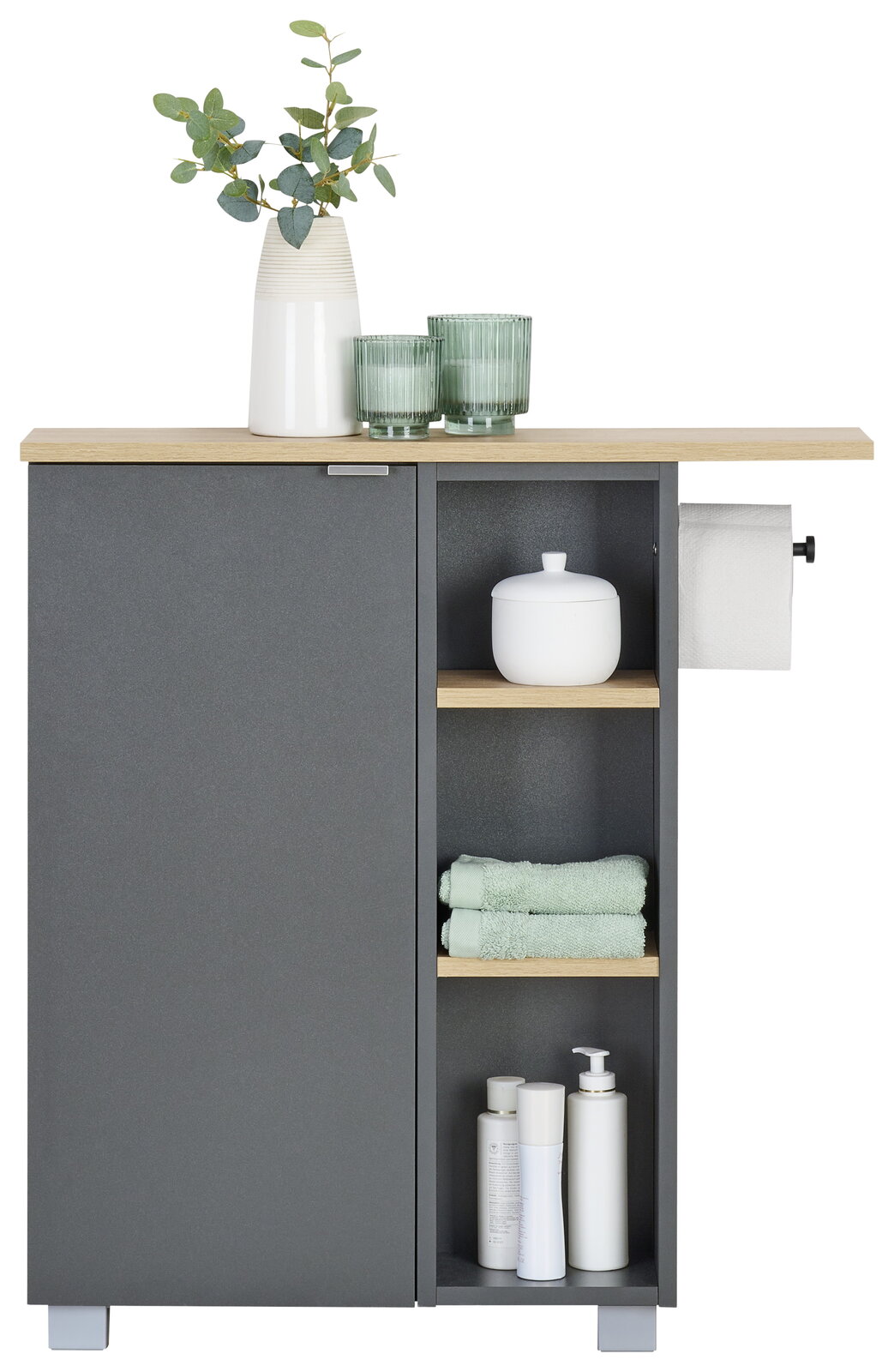 Moderner Unterschrank in grauer Farbe mit Holzoberfläche, dekoriert mit einer Vase und Gläsern, seitliche Perspektive.