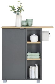 Moderner Unterschrank in grauer Farbe mit Holzoberfläche, dekoriert mit einer Vase und Gläsern, seitliche Perspektive.