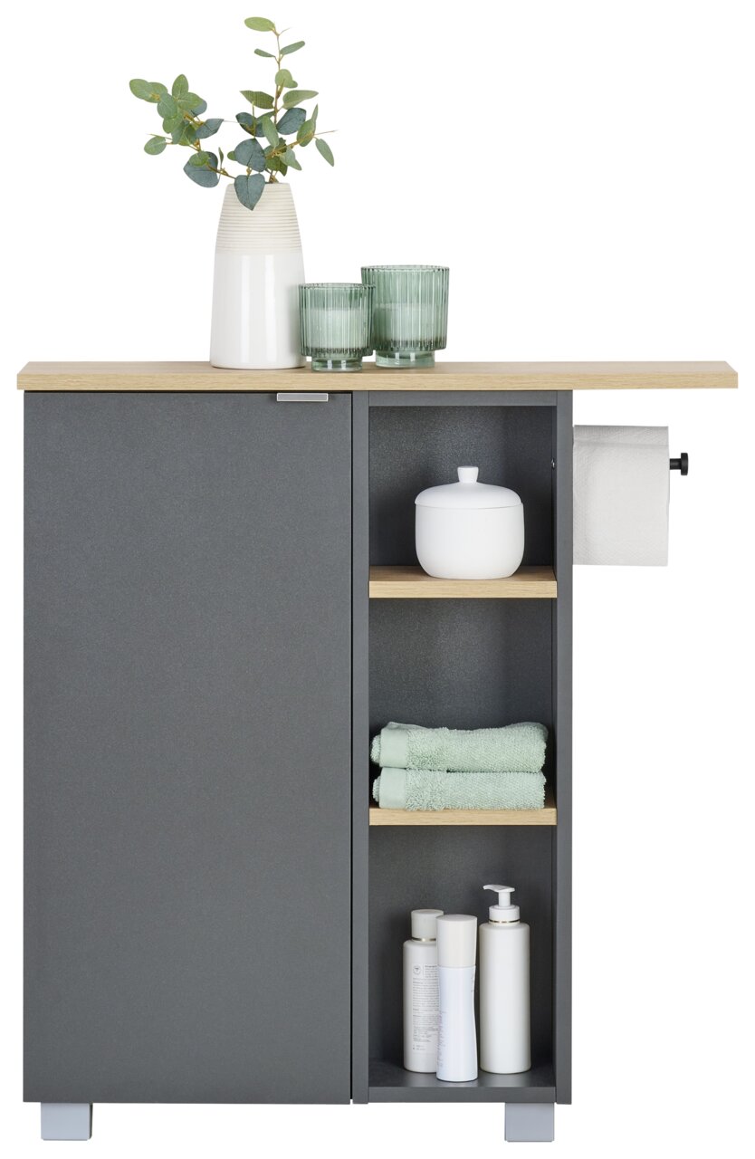 Moderner Unterschrank in grauer Farbe mit Holzoberfläche, dekoriert mit einer Vase und Gläsern, seitliche Perspektive.