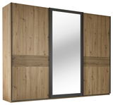 Schwebetürenschrank 3-türig in Holzoptik mit mittigem Spiegel, seitliche Perspektive