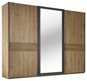 Schwebetürenschrank 3-türig in Holzoptik mit mittigem Spiegel, seitliche Perspektive