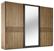 Schwebetürenschrank 3-türig in Holzoptik mit mittigem Spiegel, seitliche Perspektive