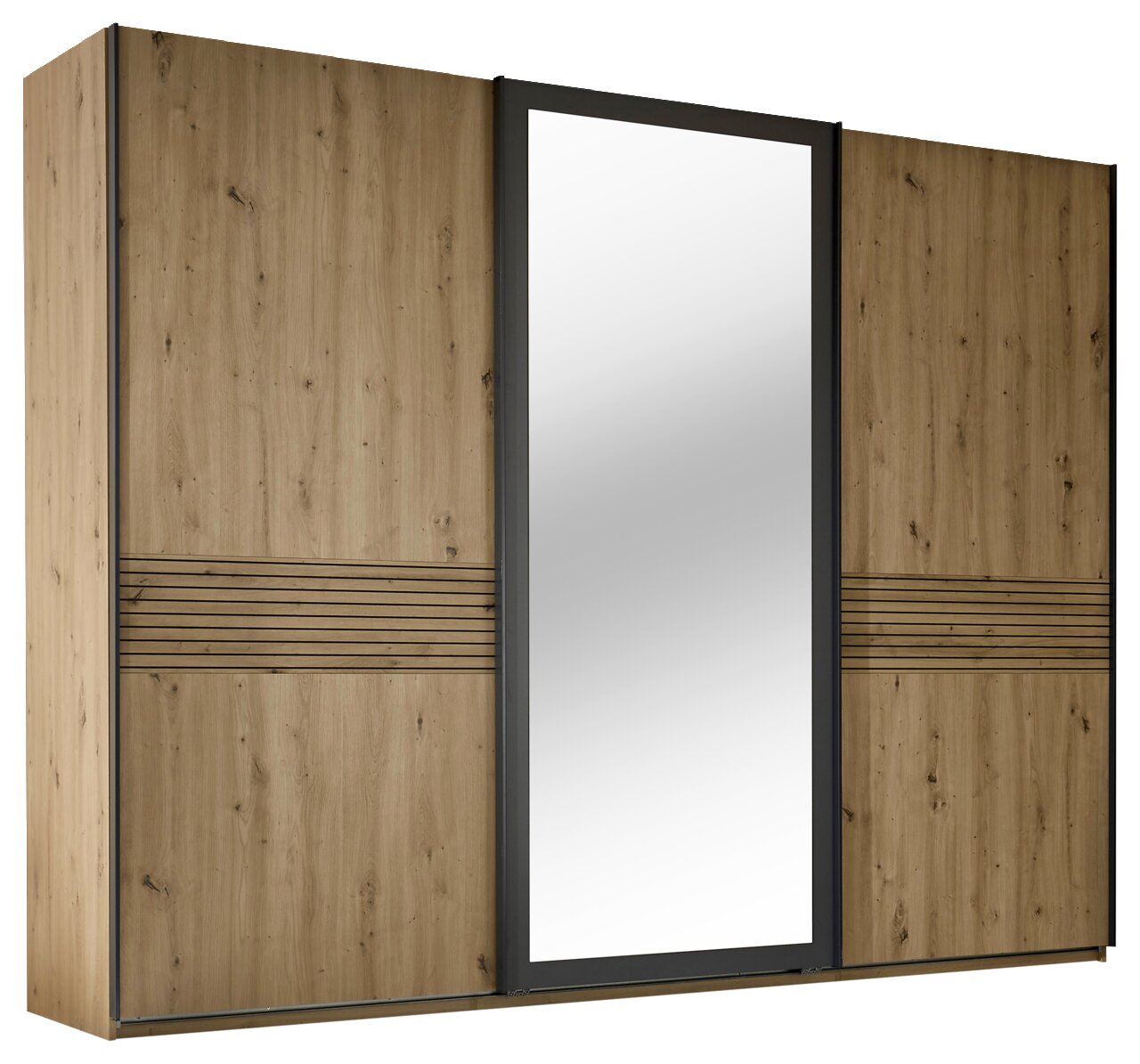 Schwebetürenschrank 3-türig in Holzoptik mit mittigem Spiegel, seitliche Perspektive