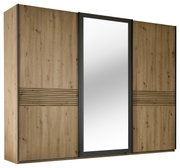 Schwebetürenschrank 3-türig in Holzoptik mit mittigem Spiegel, seitliche Perspektive
