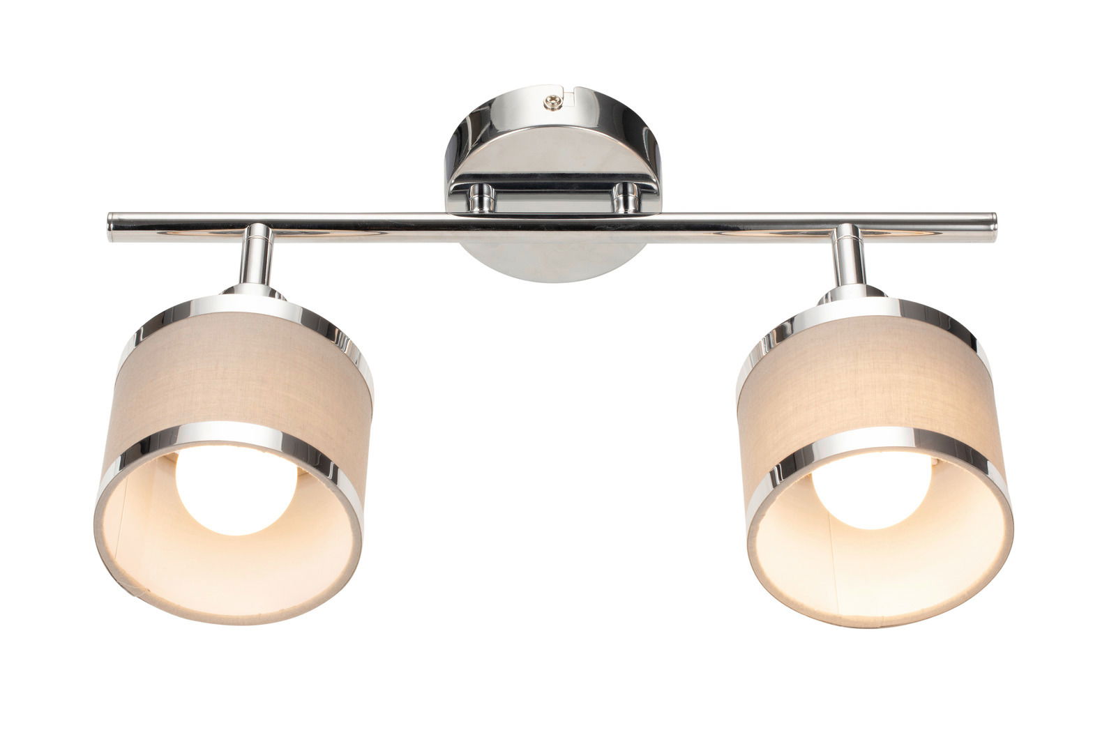 Zweiflammiger Deckenstrahler mit verchromtem Gestell und beigen Lampenschirmen, Ansicht von unten.