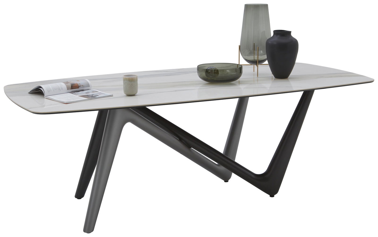 Moderner Esstisch mit Marmoroptik und V-förmigen Beinen, seitliche Perspektive
