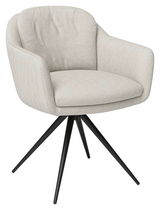 Moderner Armlehnstuhl mit hellgrauem Stoffbezug und schwarzen Metallbeinen, seitliche Perspektive