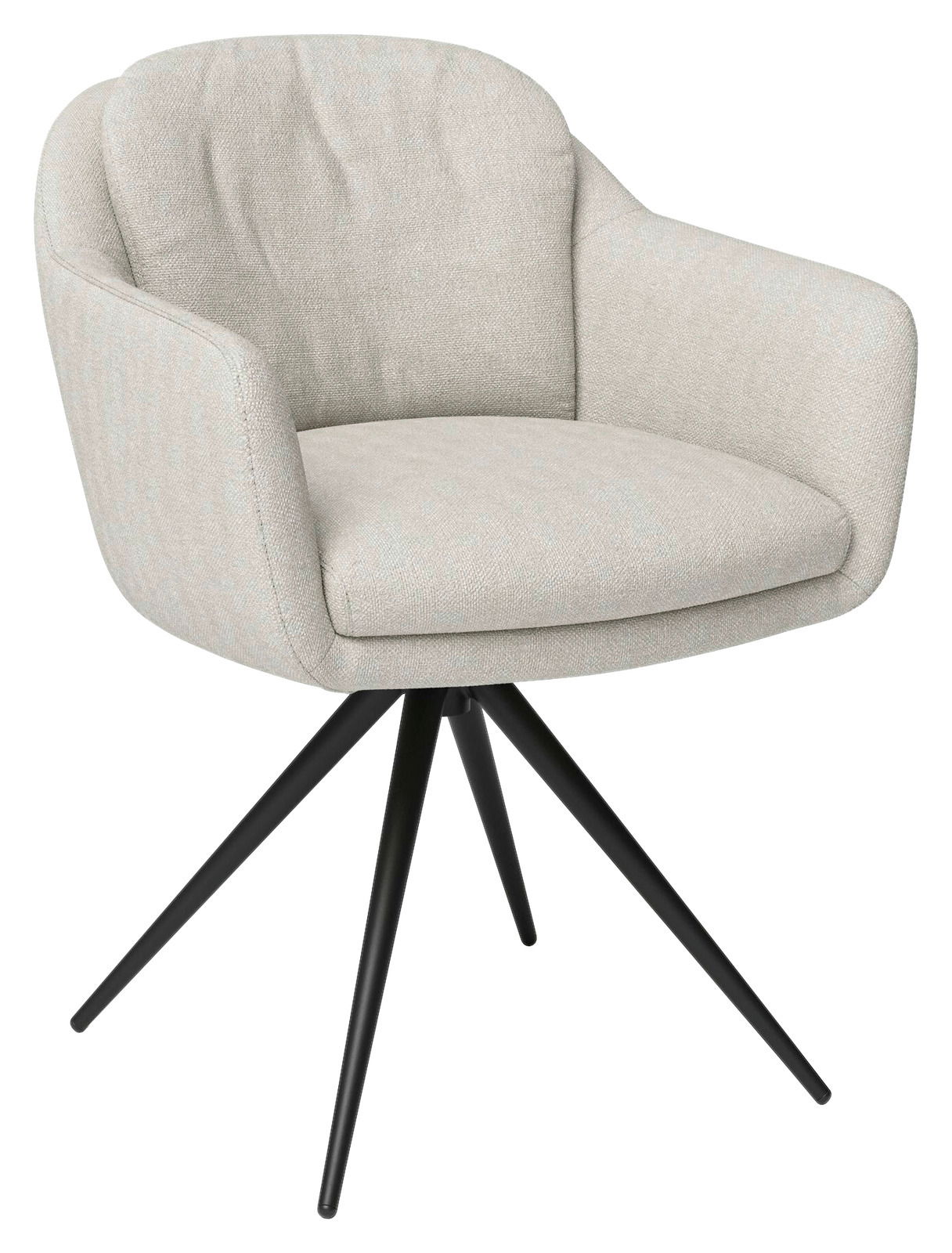 Moderner Armlehnstuhl mit hellgrauem Stoffbezug und schwarzen Metallbeinen, seitliche Perspektive