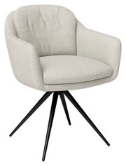 Moderner Armlehnstuhl mit hellgrauem Stoffbezug und schwarzen Metallbeinen, seitliche Perspektive