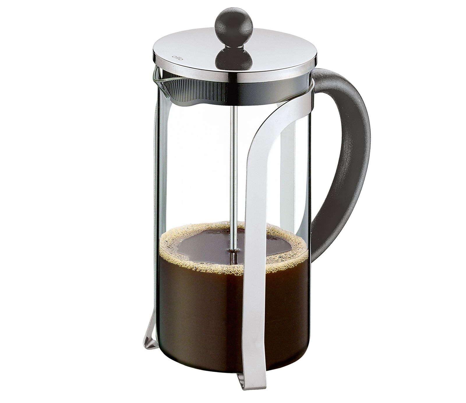 Kaffeebereiter NADINE aus Glas und Metall mit schwarzem Griff, seitliche Perspektive