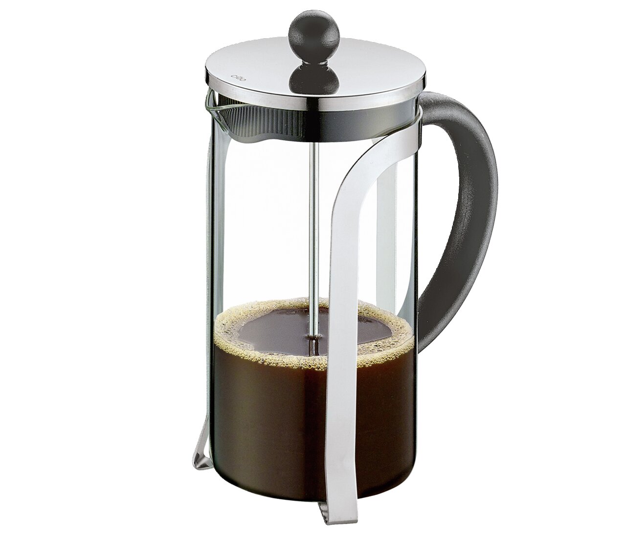 Kaffeebereiter NADINE aus Glas und Metall mit schwarzem Griff, seitliche Perspektive
