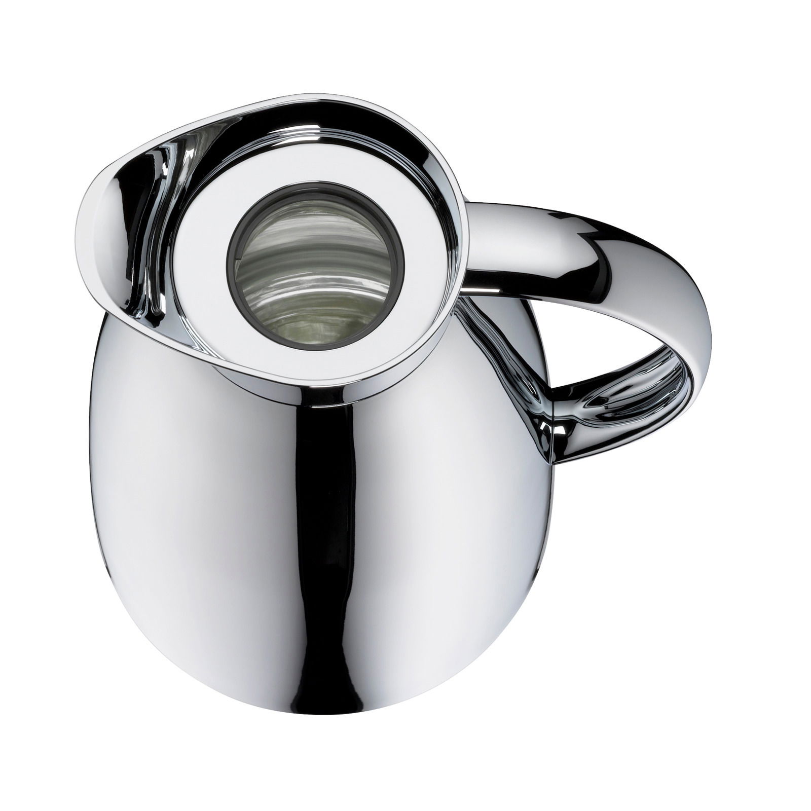Ansicht von oben auf eine glänzende, silberne Isolierkanne mit ergonomischem Griff und breiter Öffnung.