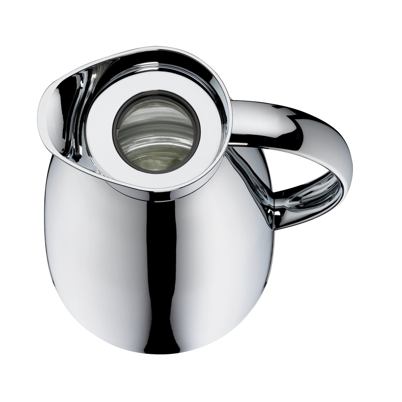 Ansicht von oben auf eine glänzende, silberne Isolierkanne mit ergonomischem Griff und breiter Öffnung.