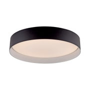 Runde, flache LED-Deckenleuchte in Schwarz mit opalem Diffusor und warmweißem Licht, Produktansicht leicht von unten in Frontperspektive