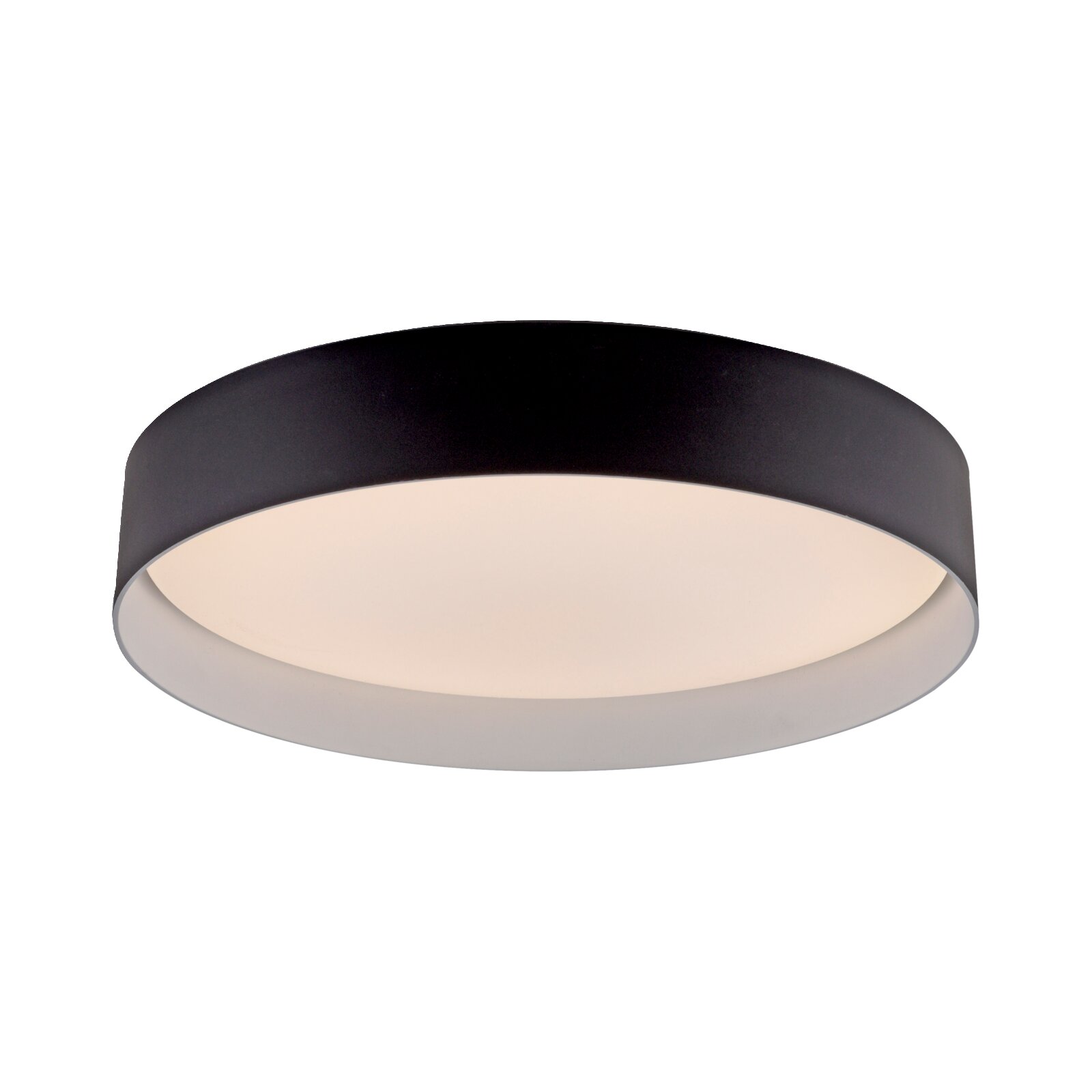Runde, flache LED-Deckenleuchte in Schwarz mit opalem Diffusor und warmweißem Licht, Produktansicht leicht von unten in Frontperspektive