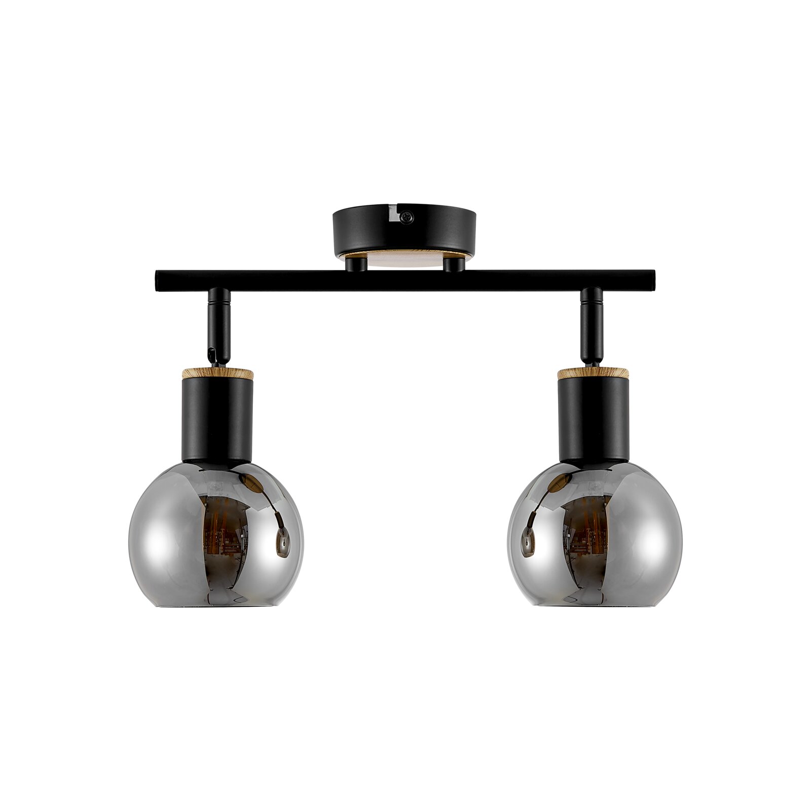 Moderne Deckenleuchte mit zwei Rauchglas-Kugelschirmen, schwarzer Stange und Holzdetails, Frontalansicht