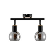 Moderne Deckenleuchte mit zwei Rauchglas-Kugelschirmen, schwarzer Stange und Holzdetails, Frontalansicht