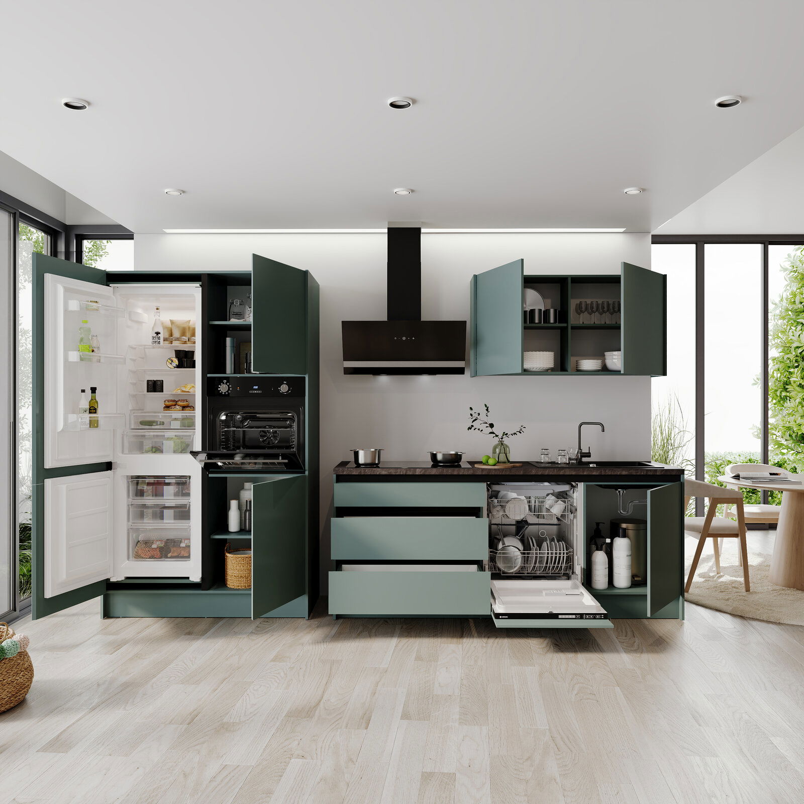 Moderne Küche mit offenem Kühlschrank, Geschirrspüler und Schränken in stilvollem Design, frontale Perspektive.