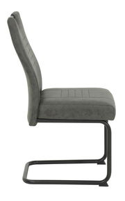 Grauer Schwingstuhl aus seitlicher Perspektive mit schwarzem Metallgestell.