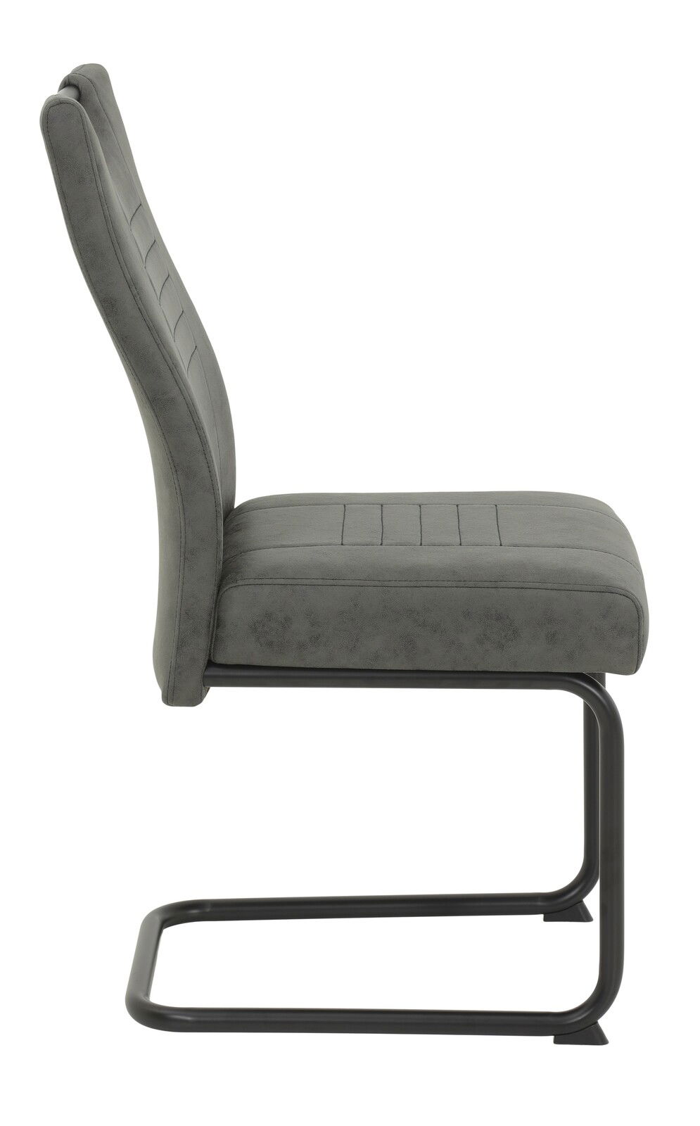 Grauer Schwingstuhl aus seitlicher Perspektive mit schwarzem Metallgestell.