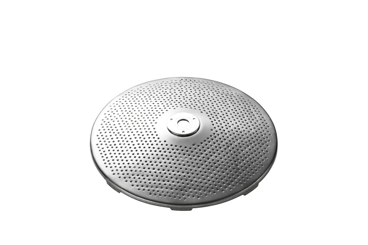 Metallscheibe mit vielen kleinen Löchern, von oben betrachtet.