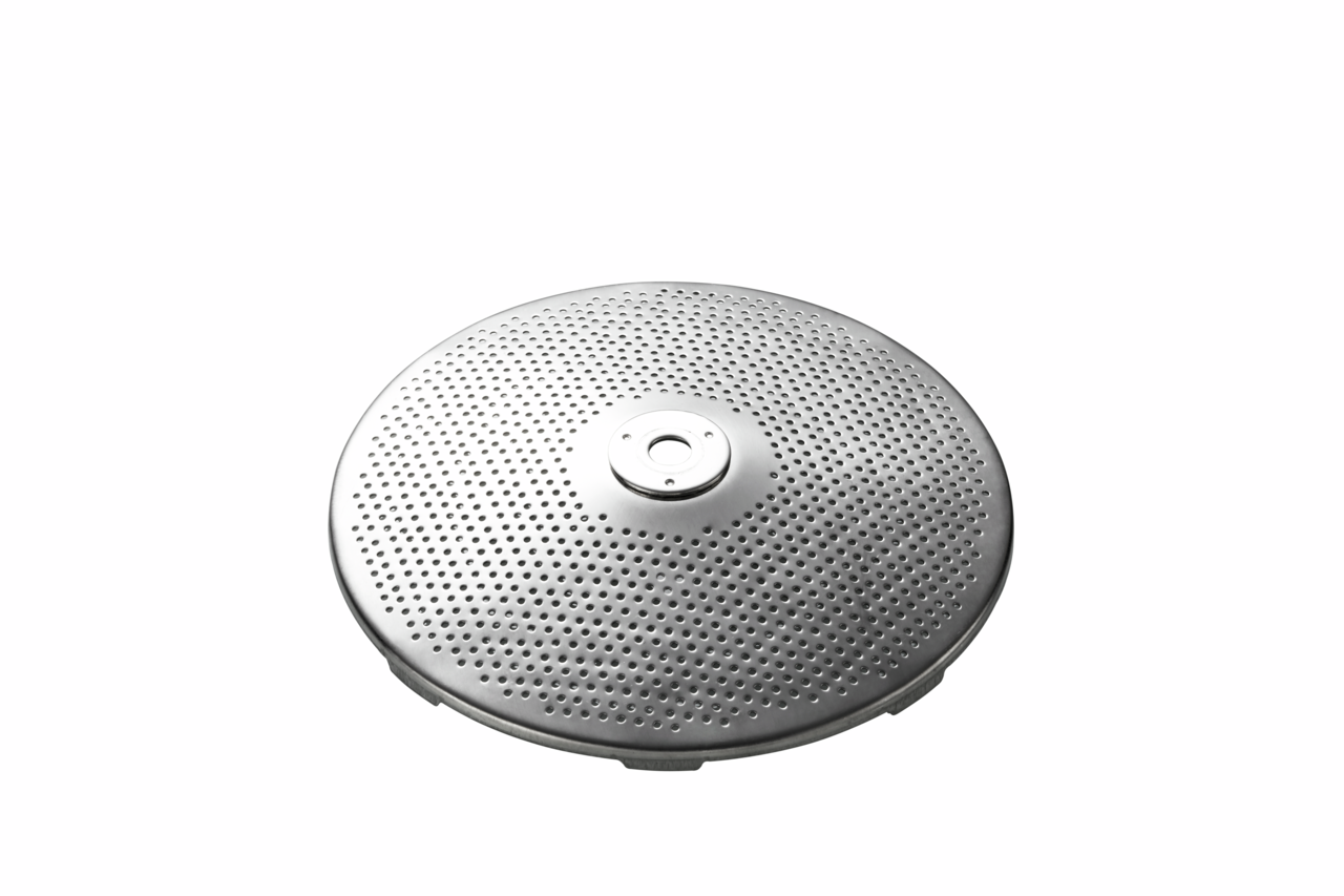 Metallscheibe mit vielen kleinen Löchern, von oben betrachtet.