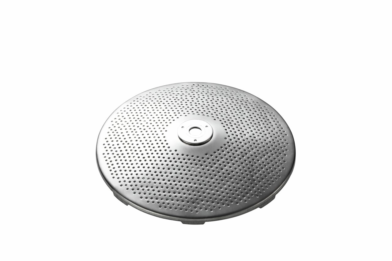 Metallscheibe mit vielen kleinen Löchern, von oben betrachtet.