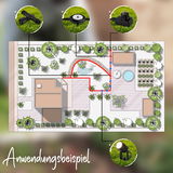 Illustration eines Gartens mit Bodenspikes Extensionset, das verschiedene Gartenleuchten verbindet. Perspektive von oben auf den Gartenplan.