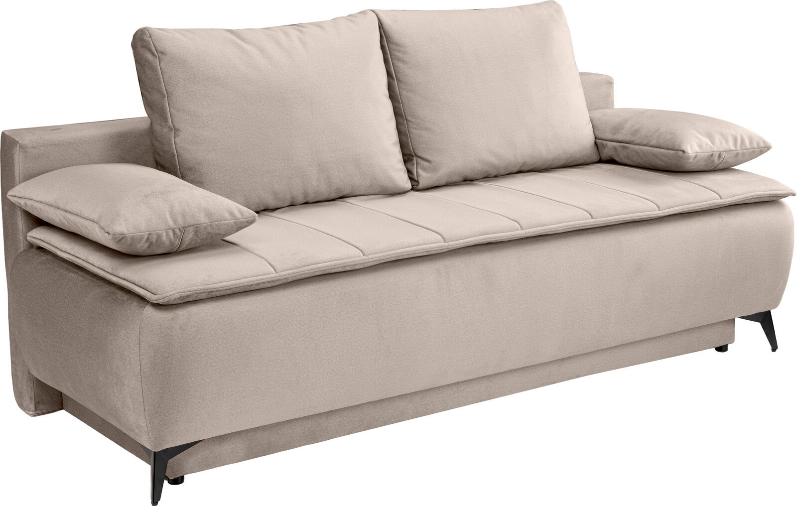 Beiges 3-Sitzer-Sofa mit zwei großen Rückenkissen, gepolsterter Sitzfläche und schwarzen Metallfüßen, in schräger Vorderansicht von links freigestellt auf weißem Hintergrund.