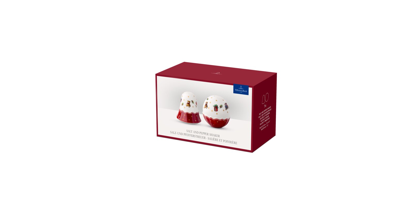 Villeroy & Boch Salz- und Pfefferstreuer-Set mit festlichen Weihnachtsmotiven in rot-weißer Geschenkverpackung, schräg von vorne mit sichtbarer rechter Seite dargestellt