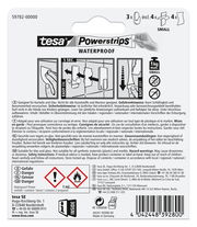Rückseite der Verpackung von tesa Powerstrips Waterproof, zeigt Anweisungen zur Anwendung und Sicherheitsinformationen.